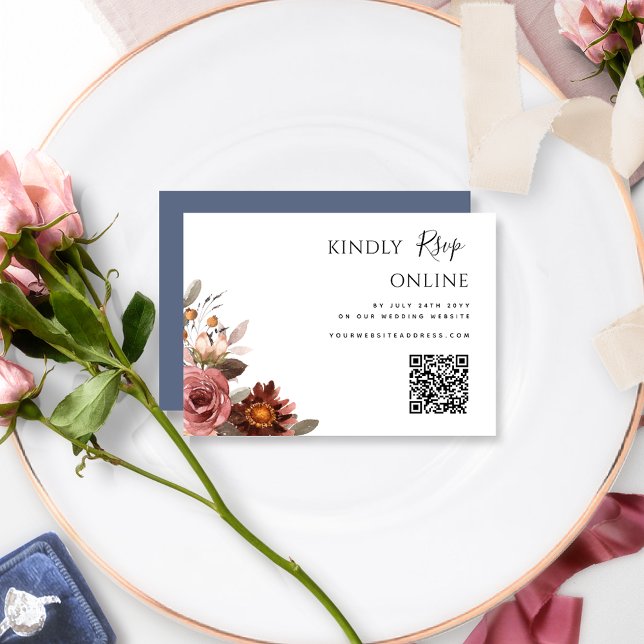 Carte D'accompagnement QR Code Mariage RSVP Online Burgundy et Bleu (Créateur téléchargé)