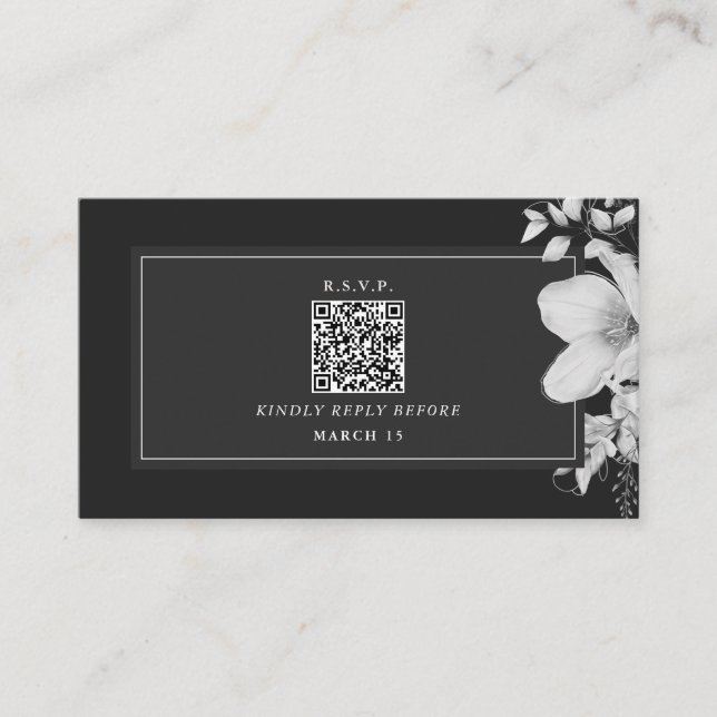 Carte D'accompagnement QR Code Noir & Blanc Mariage Floral RSVP (Devant)