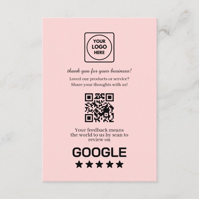 Carte D'accompagnement QR code rose | Lien de notation et d'avis Google (Devant)