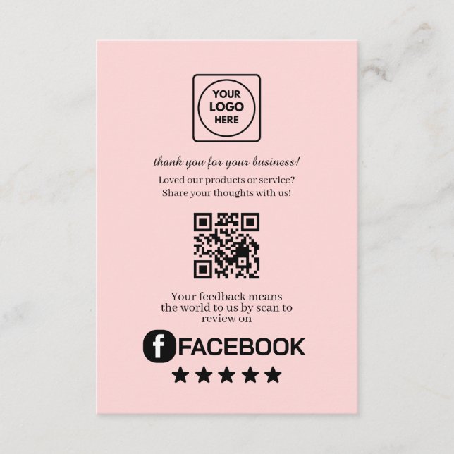 Carte D'accompagnement QR Code Rose | Lien de notation Facebook Business (Devant)