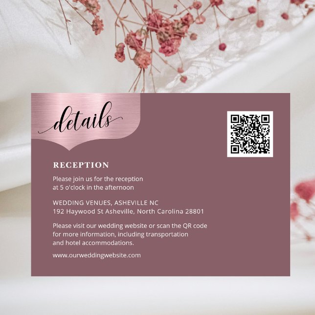 Carte D'accompagnement QR Code Rose métallique Gold Détails Mariage rose (Créateur téléchargé)