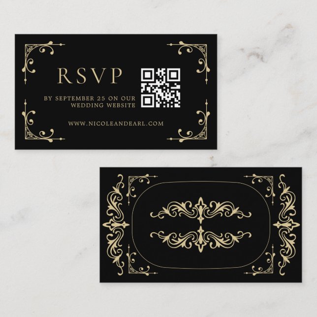 Carte D'accompagnement Qr Code RSVP Elegant Déco Gold Black Retro Mariage (Devant / Derrière)