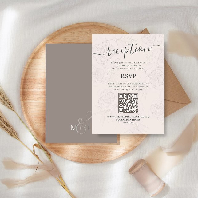 Carte D'accompagnement QR Code RSVP Online Blush Réception Florale Simple (Details wedding enclosure card with QR code for Online RSVP. )