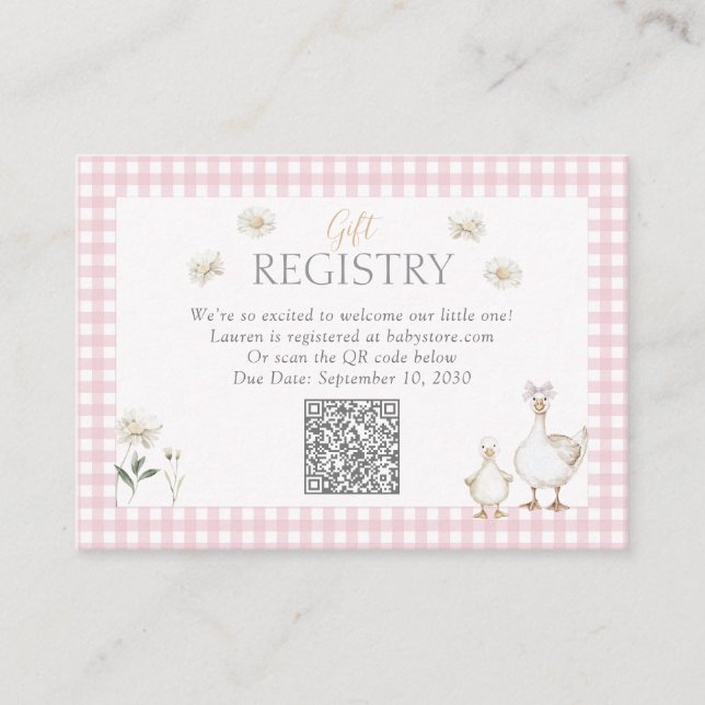 Carte D'accompagnement QR Code Silly Goose Rose Bow Registre Cadeau Douch (Devant)