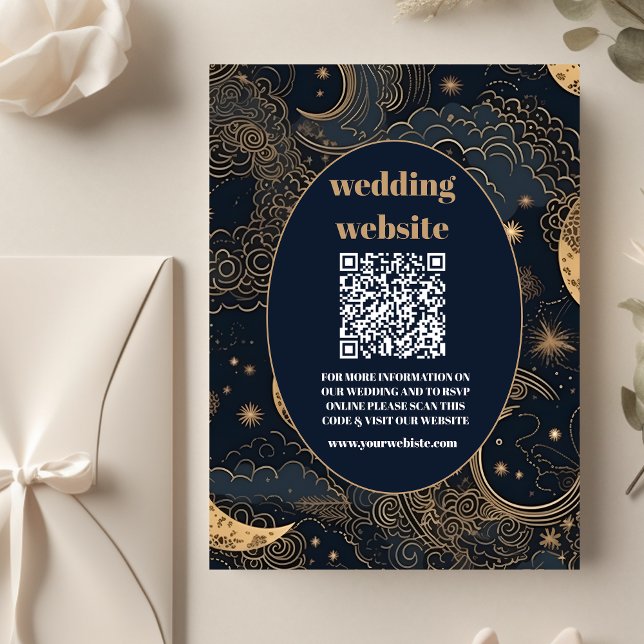 Carte D'accompagnement qr codeMariage céleste d'or bleu nuit (Créateur téléchargé)
