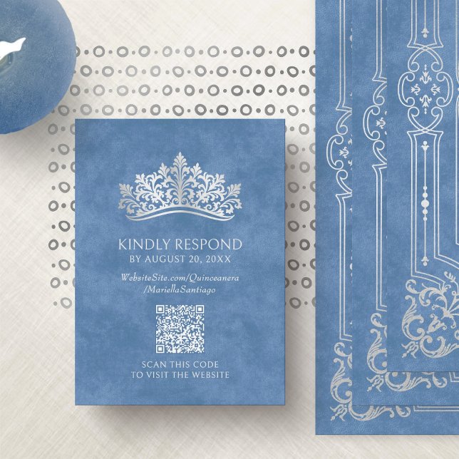Carte D'accompagnement Quinceanera Couronne Tiara bleue QR RSVP (Créateur téléchargé)