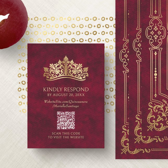 Carte D'accompagnement Quinceanera Couronne Tiara rouge QR RSVP (Créateur téléchargé)