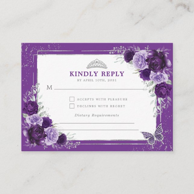 Carte D'accompagnement Quinceanera d'argent mauve Mis Quince 15 Anos RSVP (Devant)