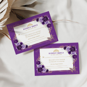 Carte D'accompagnement Quinceanera d'or violet Mis Quince 15 Anos RSVP