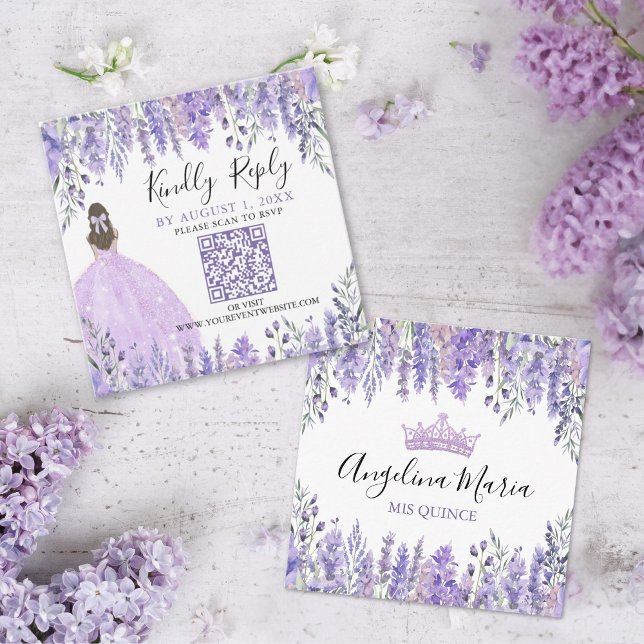 Carte D'accompagnement Quinceanera Florale de lavande violette Code QR RS (Purple Lavender Floral Quinceanera QR Code RSVP Enclosure Card)