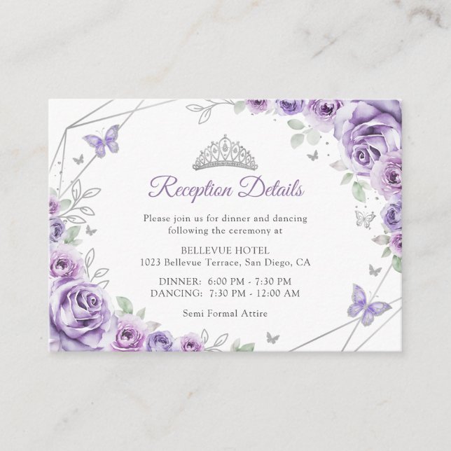 Carte D'accompagnement Quinceanera Lilac Purple Silver Floral Details (Devant)