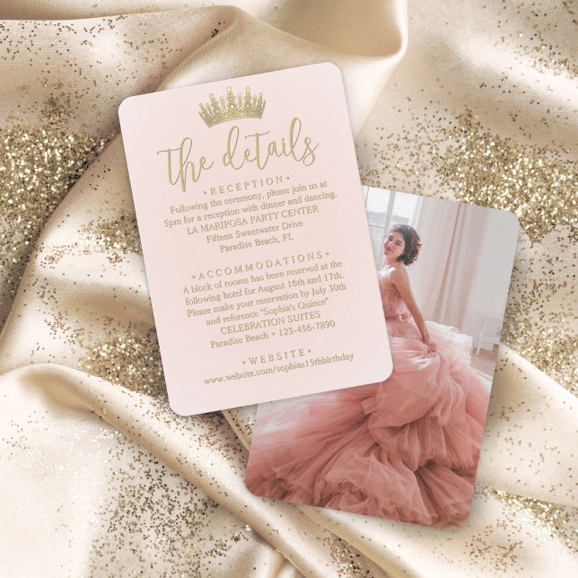 Carte D'accompagnement Quinceañera Photo Blush Pink & Gold Crown Détails (Créateur téléchargé)