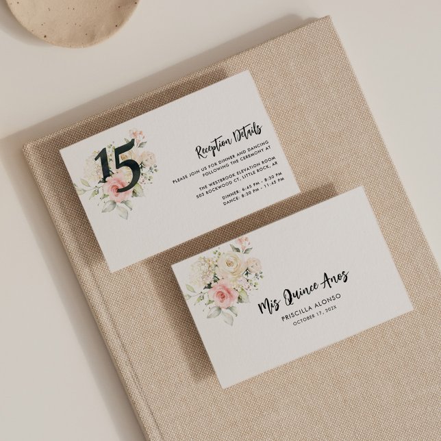 Carte D'accompagnement Quinceanera rose 15e anniversaire Floral (Quinceanera Floral Reception Details Enclosure Card)