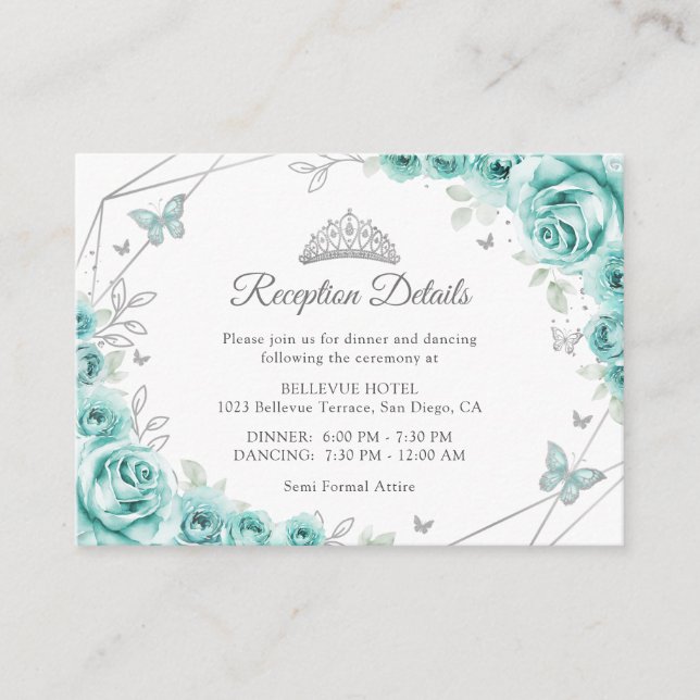 Carte D'accompagnement Quinceanera Turquoise Silver Floral Details (Devant)