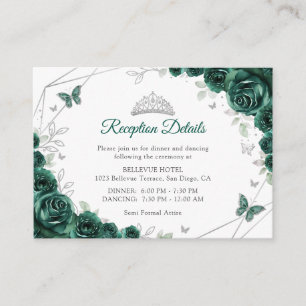 Carte D'accompagnement Quinceanera Vert Émeraude Détails Floraux Argentés