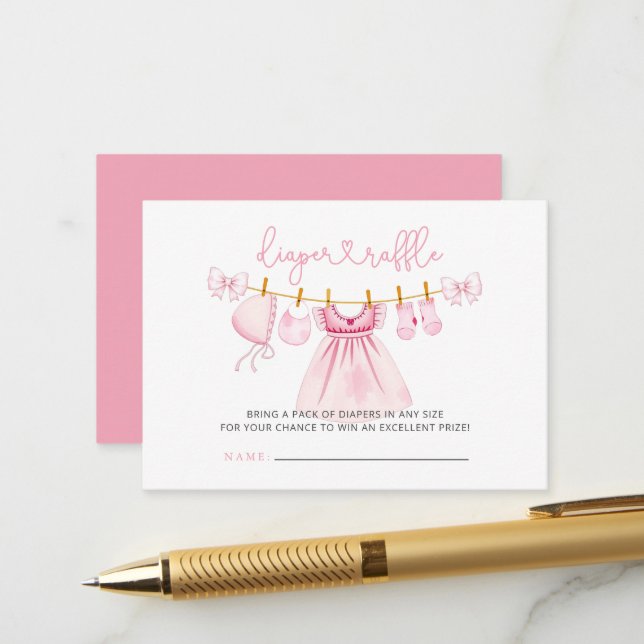 Carte D'accompagnement Raffle Baby shower de couche de linge rose (Devant/Arrière en situation)