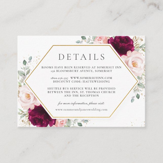 Carte D'accompagnement Raspberry Blush Rose Floral Détails du Mariage (Devant)