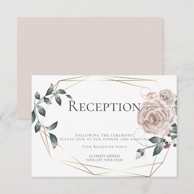 Carte D'accompagnement Réception | Aquarelle Fleurs Rose Poussiéreux Or (Devant / Derrière)