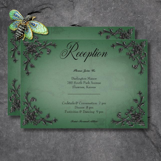 Carte D'accompagnement Réception Coeur en Filigre Noir et Vert gothique (Gothic Black & Green Filigree Heart Reception Enclosure Card)