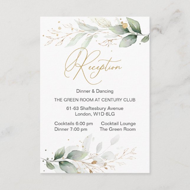 Carte D'accompagnement Réception de feuillage vert et or aquarelle (Devant)