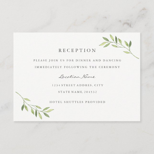 Carte D'accompagnement Réception de mariage à la feuille verte aquarelle (Devant)