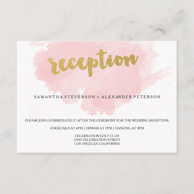 Carte D'accompagnement Réception de mariage à l'aquarelle or et blush (Devant)