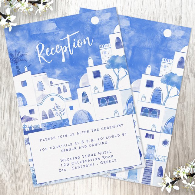 Carte D'accompagnement Réception De Mariage À Santorin (Reception wedding invitation featuring a blue and white original watercolor painting of Santorini)