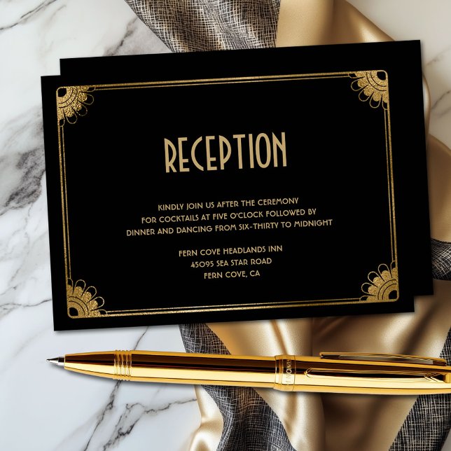 Carte D'accompagnement Réception de mariage Art déco Art déco élégant en  (Classy black and gold floral art deco wedding reception enclosure card)