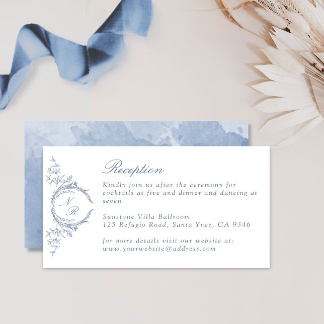 Carte D'accompagnement Réception de mariage au monogramme aquarelle bleu  (Créateur téléchargé)