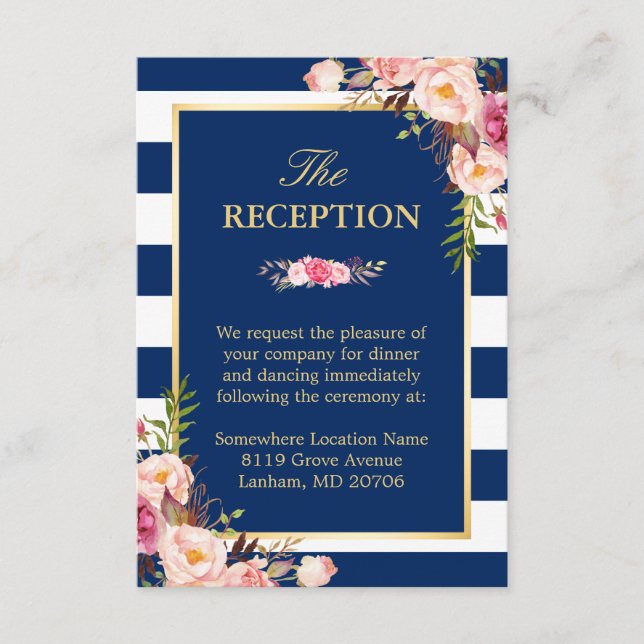Carte D'accompagnement Réception de mariage aux fleurs roses et rayures b (Devant)