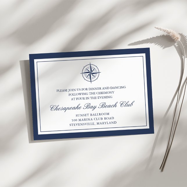 Carte D'accompagnement Réception de mariage avec compas nautique bleu mar (Créateur téléchargé)