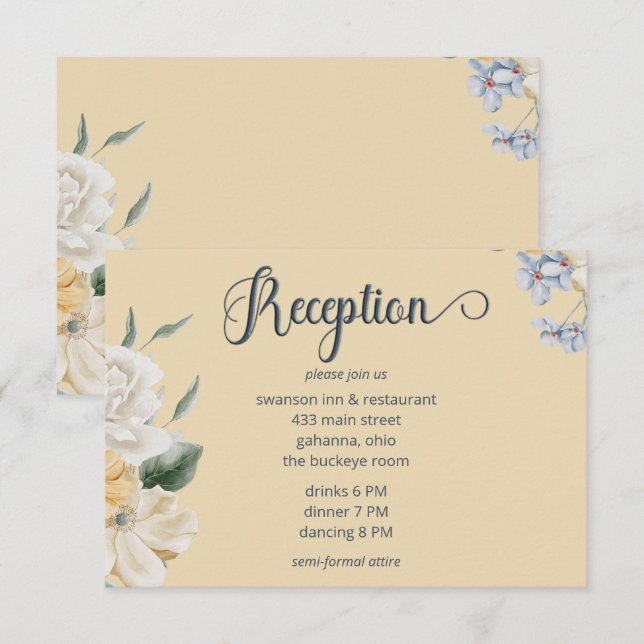 Carte D'accompagnement Réception de mariage bleu jaune et blanc floral (Devant / Derrière)