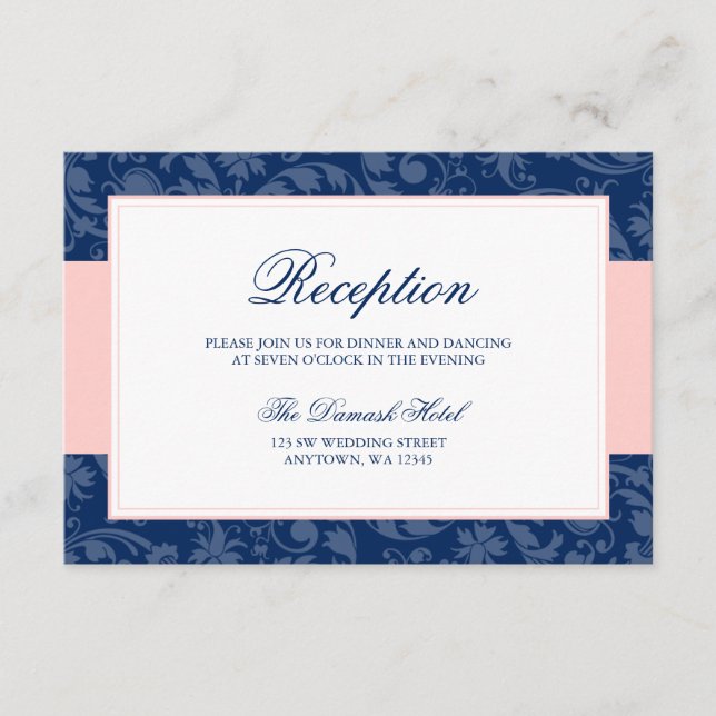 Carte D'accompagnement Réception de mariage bleu marine et rose blush dam (Devant)