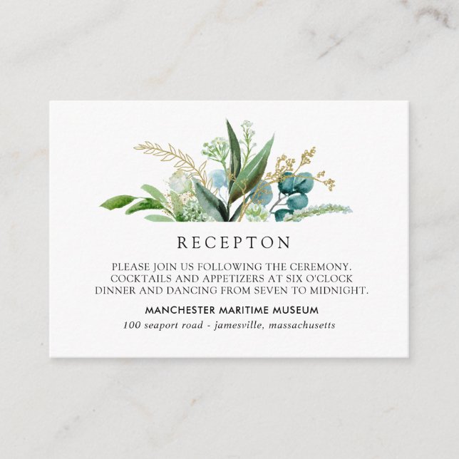 Carte D'accompagnement Réception de mariage botanique en or blanc vert (Devant)