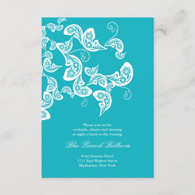 Carte D'accompagnement Réception de mariage chic paon paillé turquoise (Devant)