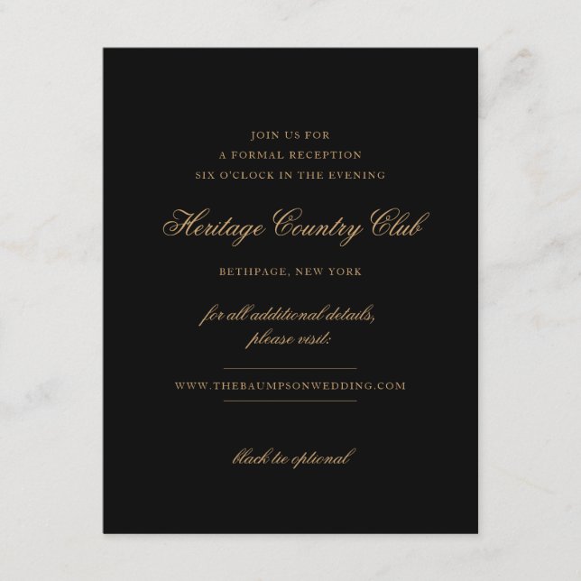 Carte D'accompagnement Réception de mariage Delicate en noir et or (Devant)