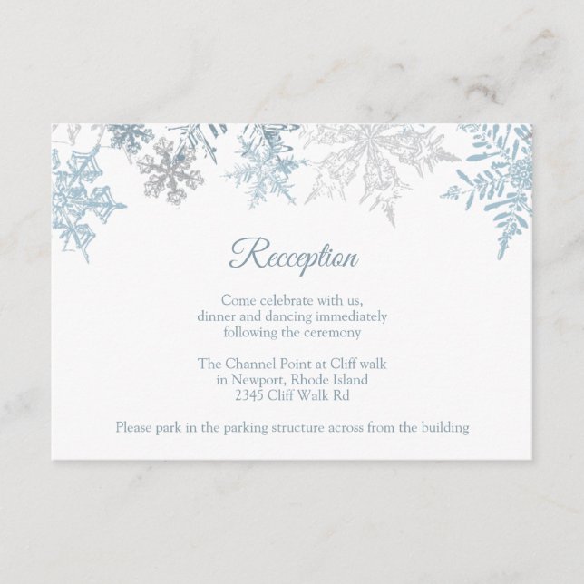 Carte D'accompagnement Réception de mariage d'hiver Silver Blue Snowflake (Devant)