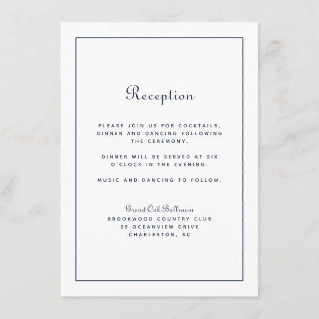 Carte D'accompagnement Réception de mariage Élégant Script Marine Bleu Cl (Devant)