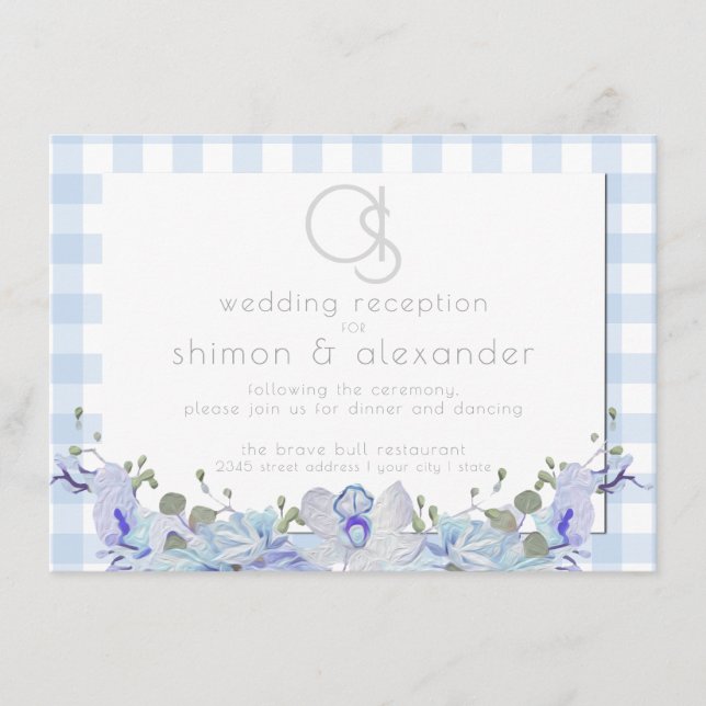 Carte D'accompagnement Réception de mariage | En vichy bleu monogramme (Devant)