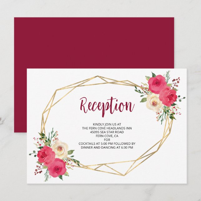 Carte D'accompagnement Réception de mariage fleurie bordeaux géométrique (Devant / Derrière)