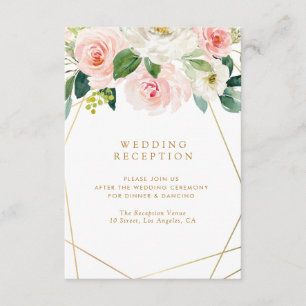 Carte D'accompagnement réception de mariage fleurie rose or géométrique