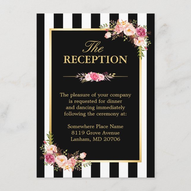 Carte D'accompagnement Réception de mariage Fleurs Or Noir Blanc Rayures (Devant)