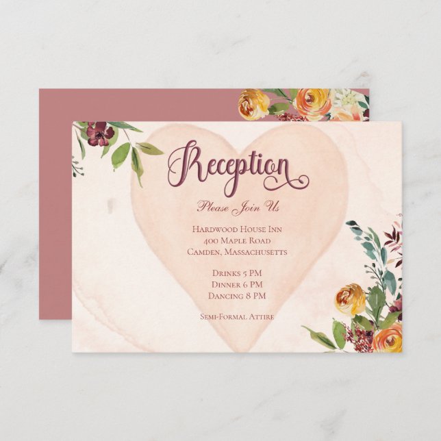 Carte D'accompagnement Réception de mariage Floral Boho Heart Peach (Devant / Derrière)