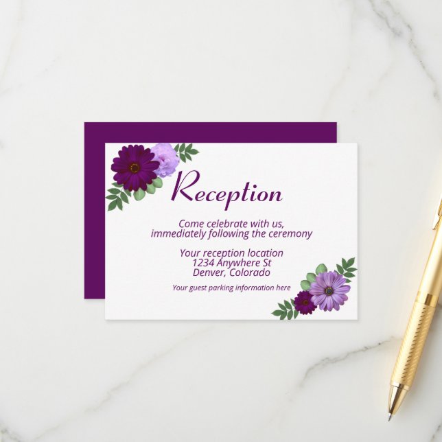 Carte D'accompagnement Réception De Mariage Floral De Peony Violet (Devant/Arrière en situation)