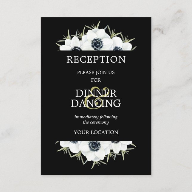 Carte D'accompagnement Réception de mariage floral noir et blanc de l'ané (Devant)
