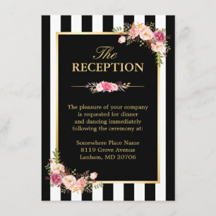 Carte D'accompagnement Réception de mariage floral or noir blanc rayures