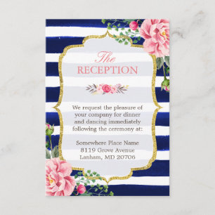 Carte D'accompagnement Réception de mariage floral rose rayé bleu marine