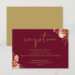 Carte D'accompagnement Réception de mariage floral rustique bordeaux et o