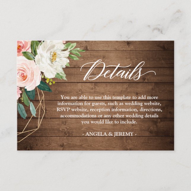 Carte D'accompagnement Réception de mariage floral rustique moderne Détai (Devant)
