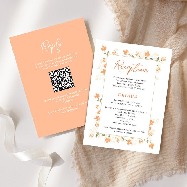 Carte D'accompagnement Réception De Mariage Florale De Pêche Élégante (Wedding reception and reply card with a scannable QR code with peach floral.)